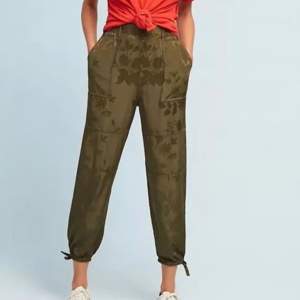 Anthropologie NEW Olive green jacquard Floral Joggers pockets